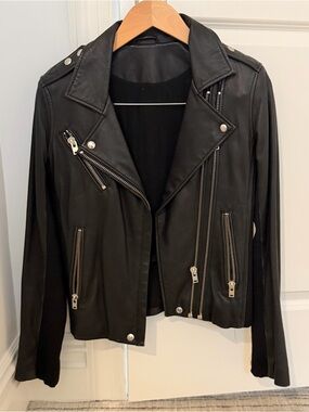 IRO Black Leather Asymmetrical Moto Jacket with Silver Hardware